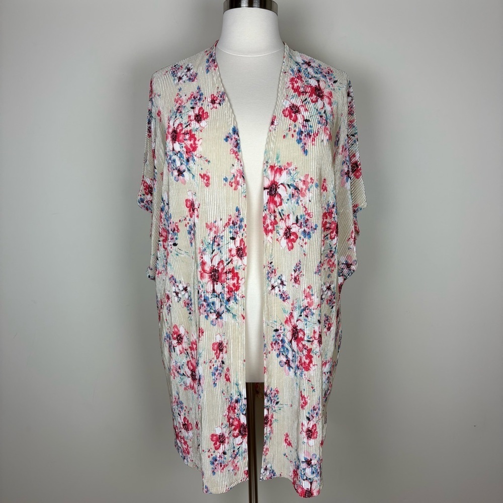 Frumos Plisse Pleated Kimono Open Front‎ Floral Size 3XL Shimmery Long Length